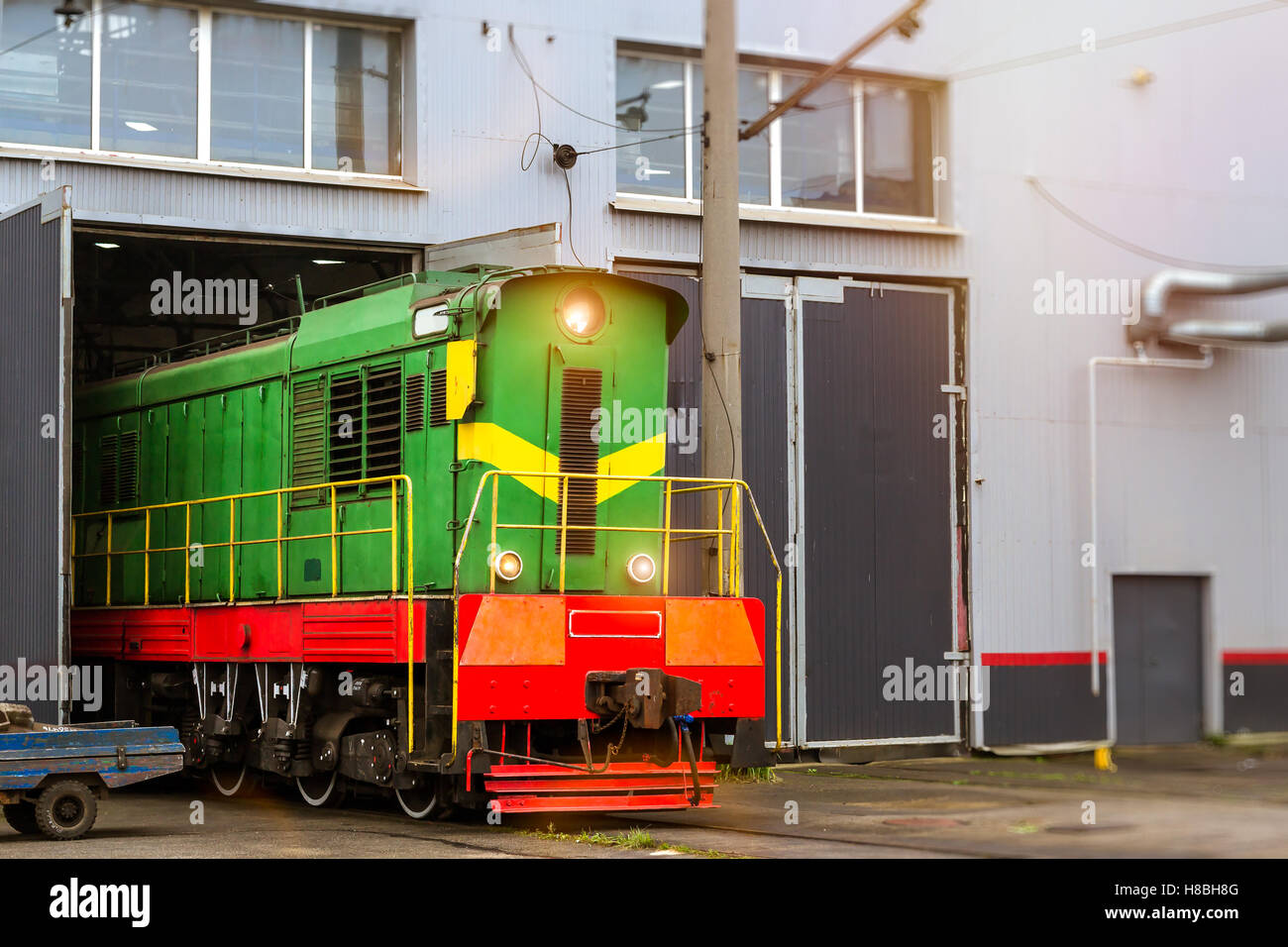 Old locomotiv RZD stand on railroad track of technical railway station - operational locomotive depot. Transport infrastructure Stock Photo