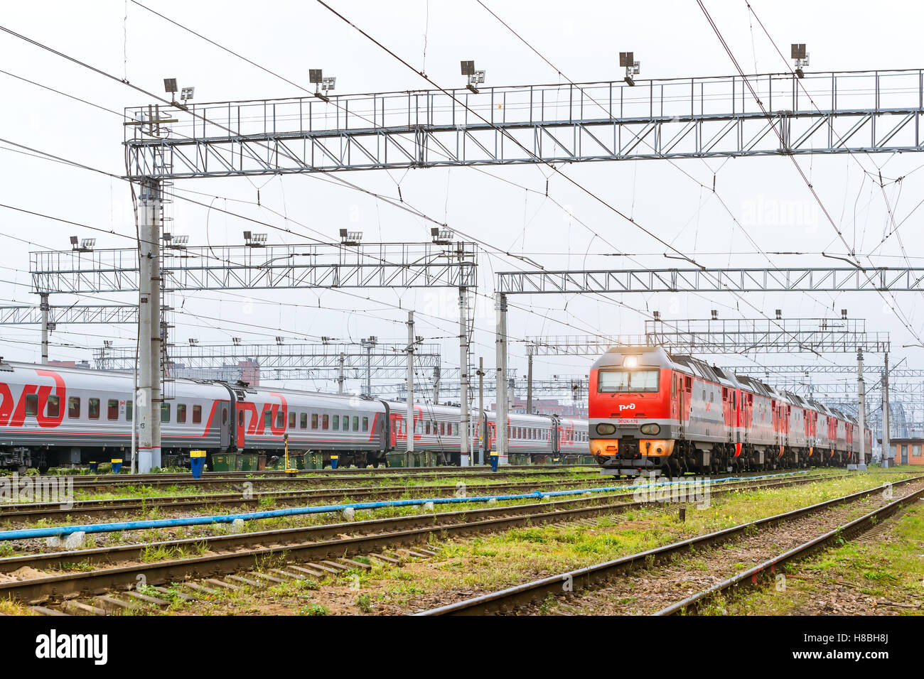 Saint-Petersburg, Russia - September 28, 2016: Old locomotiv and railcars rzd stand on railroad tracks of technical railway depo Stock Photo