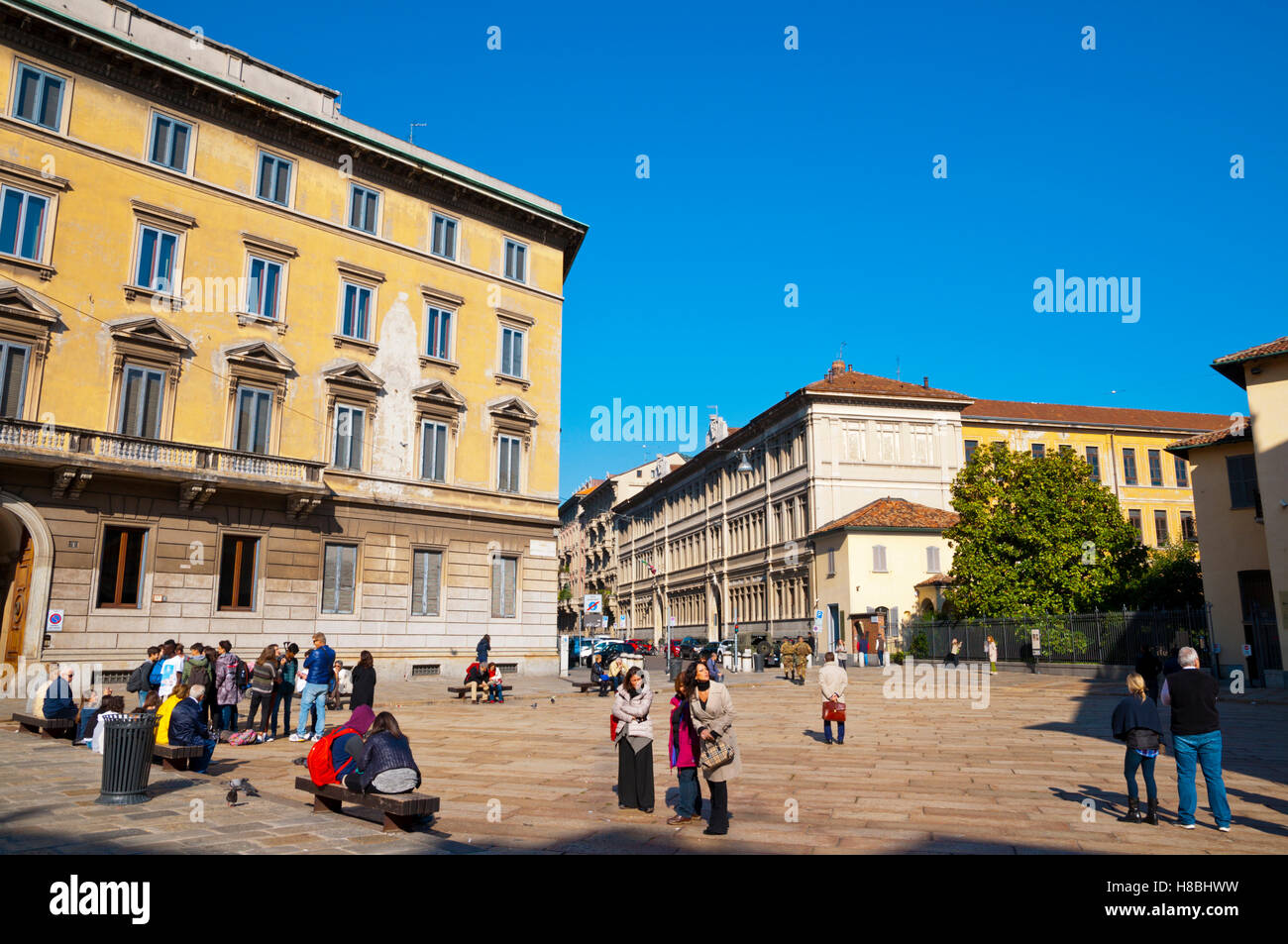 People waiting to see Leonardo da Vinci's Last Supper, Piazza di Santa Maria delle Grazie, Milan, Lombardy, Italy Stock Photo