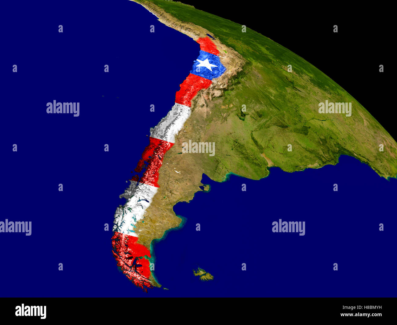 Map of Chile with embedded flag on planet surface. 3D illustration. Elements of this image furnished by NASA. Stock Photo