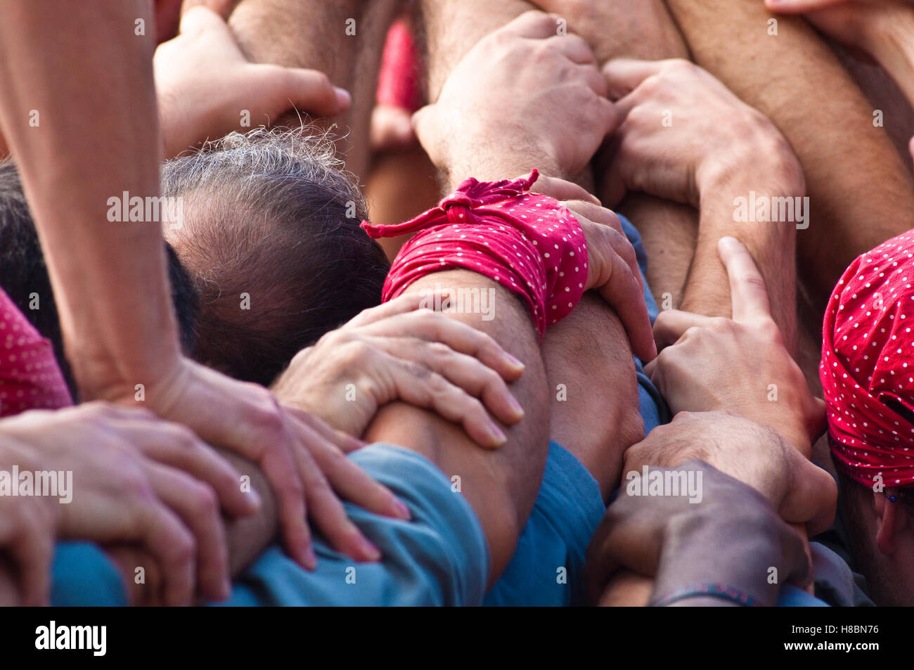 Castellers build human towers in Sant Cugat del Vallès, Barcelona, Catalonia, Spain Stock Photo