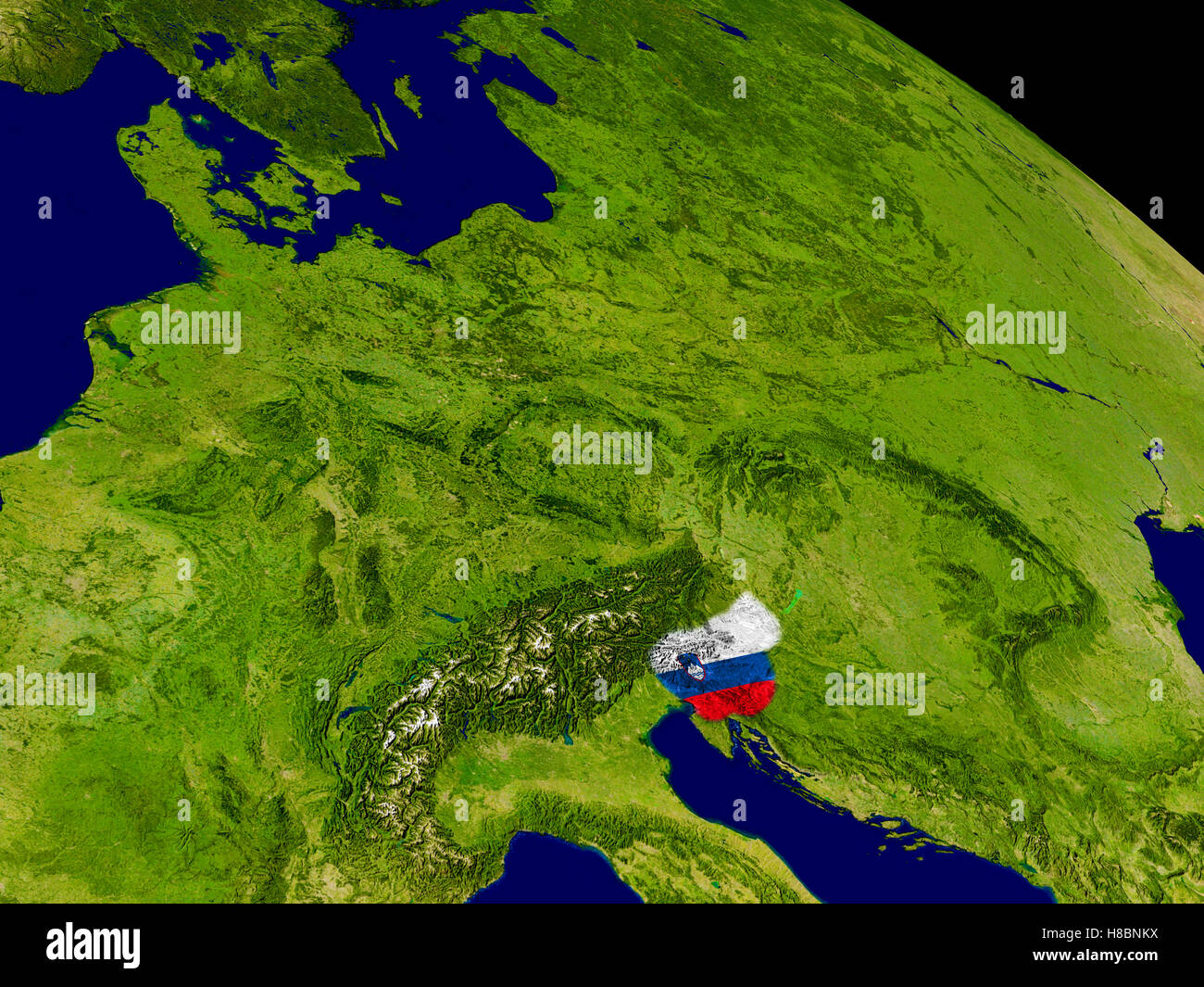 Map of Slovenia with embedded flag on planet surface. 3D illustration ...