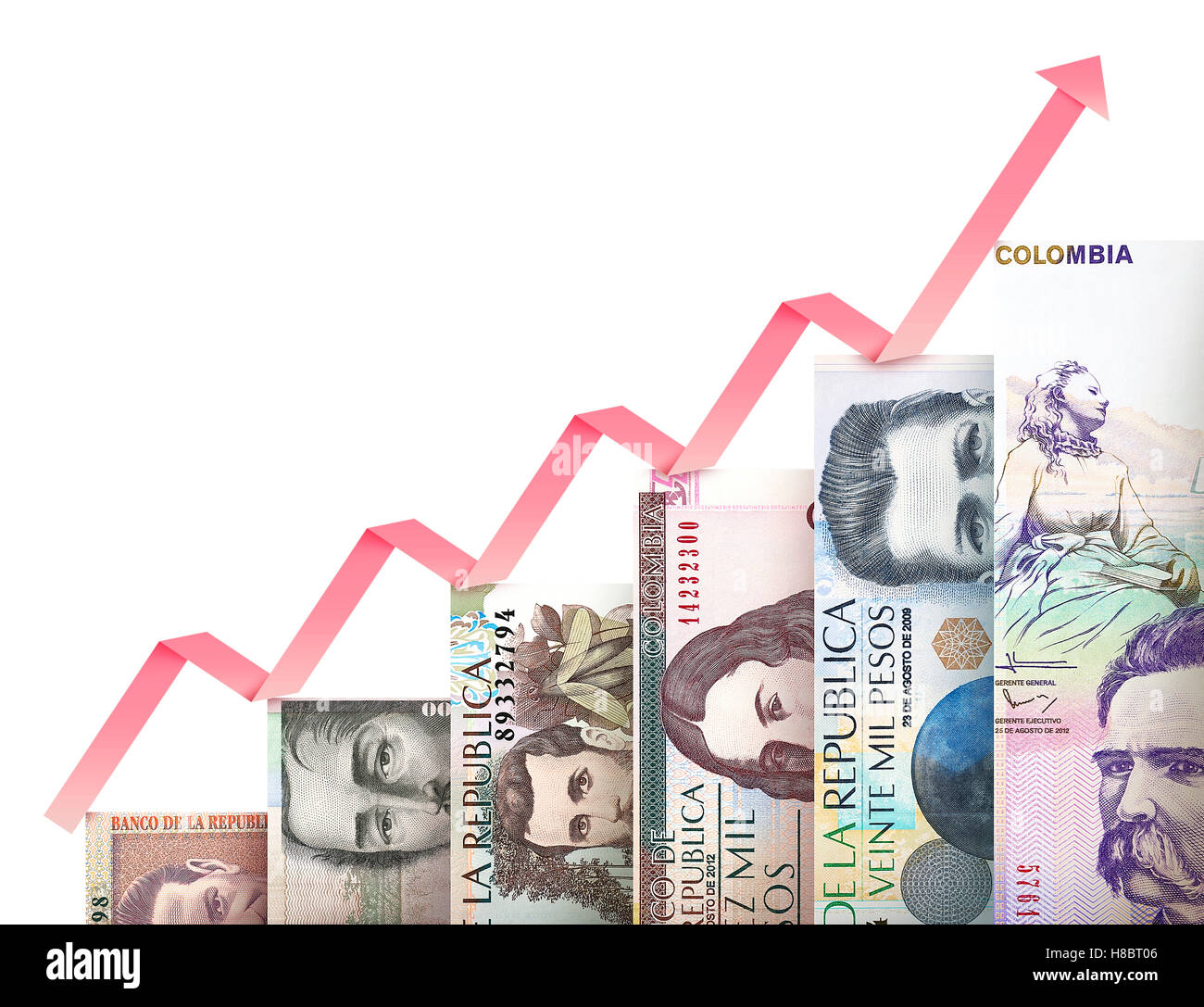 Paper money bills growing in size and value looking like a financial growth graph Stock Photo