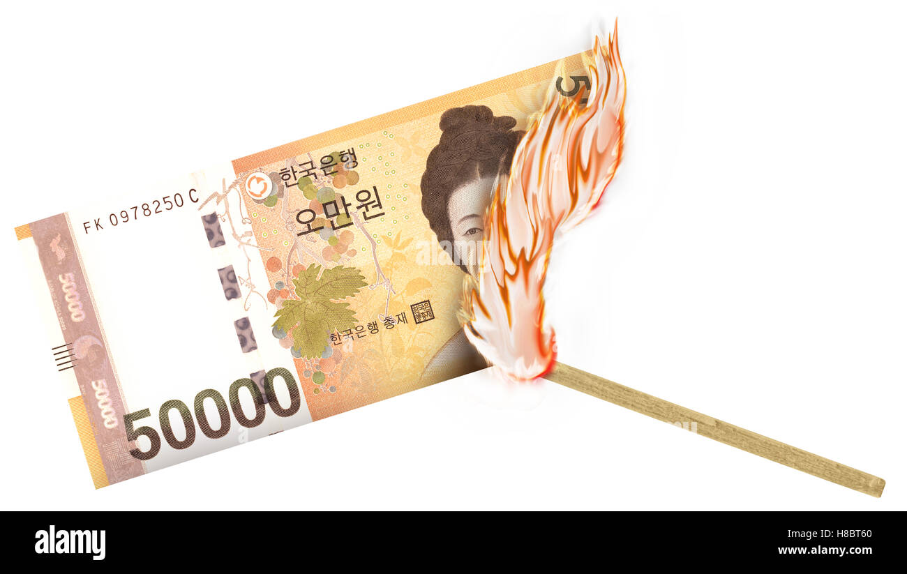 A banknote being burned by a match with burning in a big flame Stock