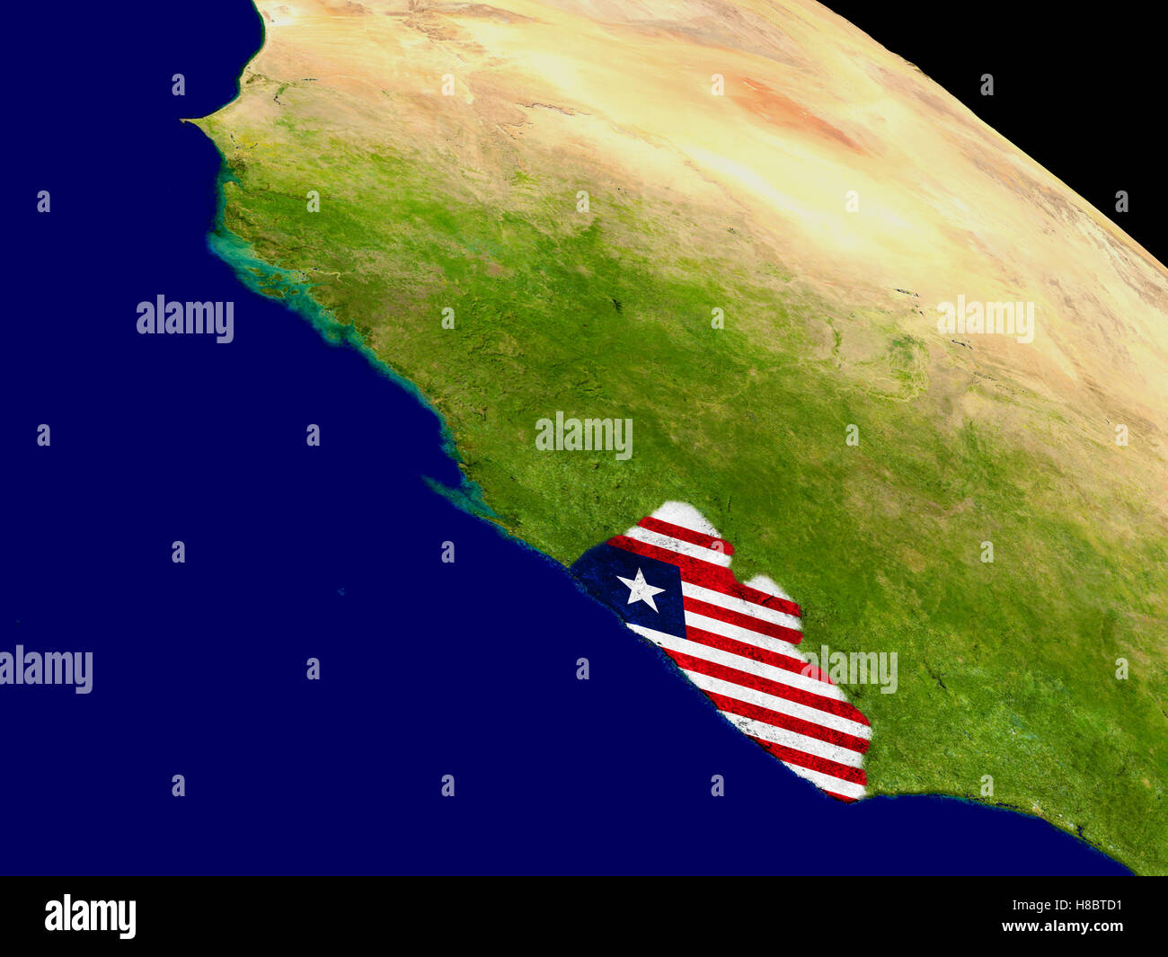 Map of Liberia with embedded flag on planet surface. 3D illustration ...
