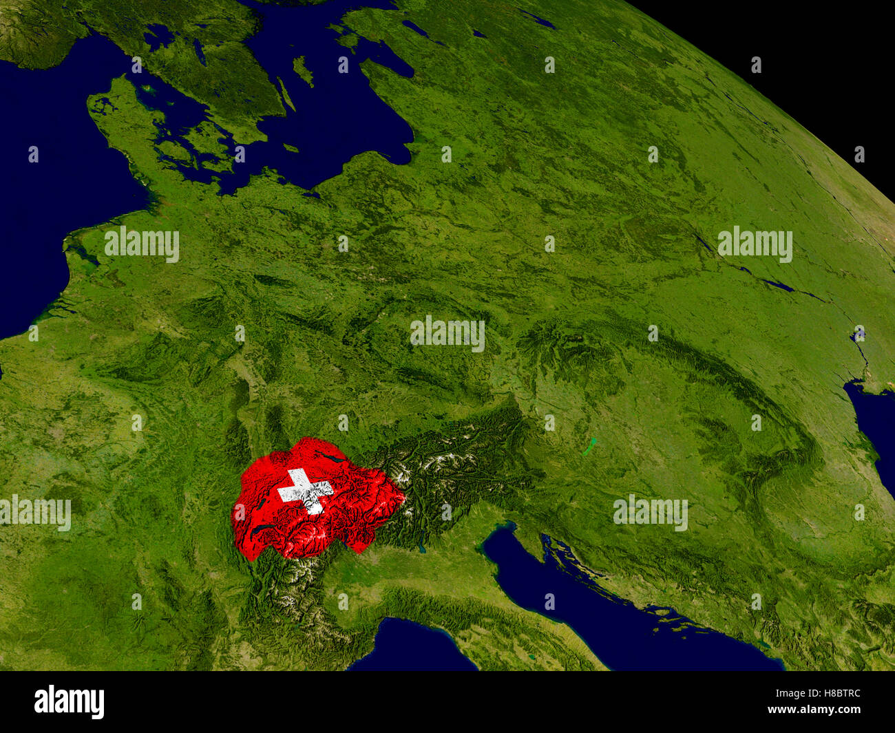 Map of Switzerland with embedded flag on planet surface. 3D ...