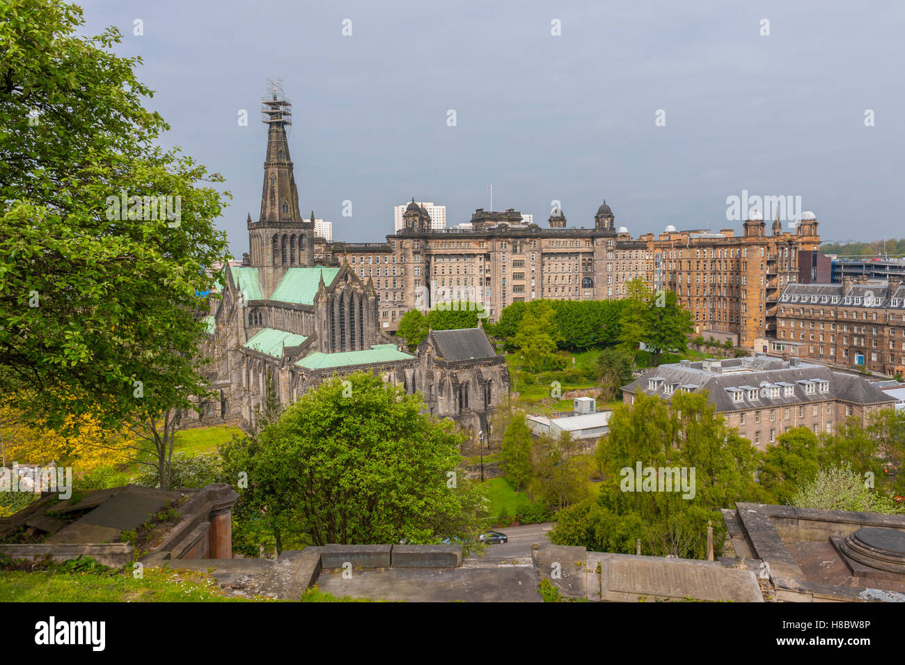 Glasgow Cathedral and the Glasgow Royal infirmary from the Eastern Necroplis Glasgow, Scotland Stock Photo