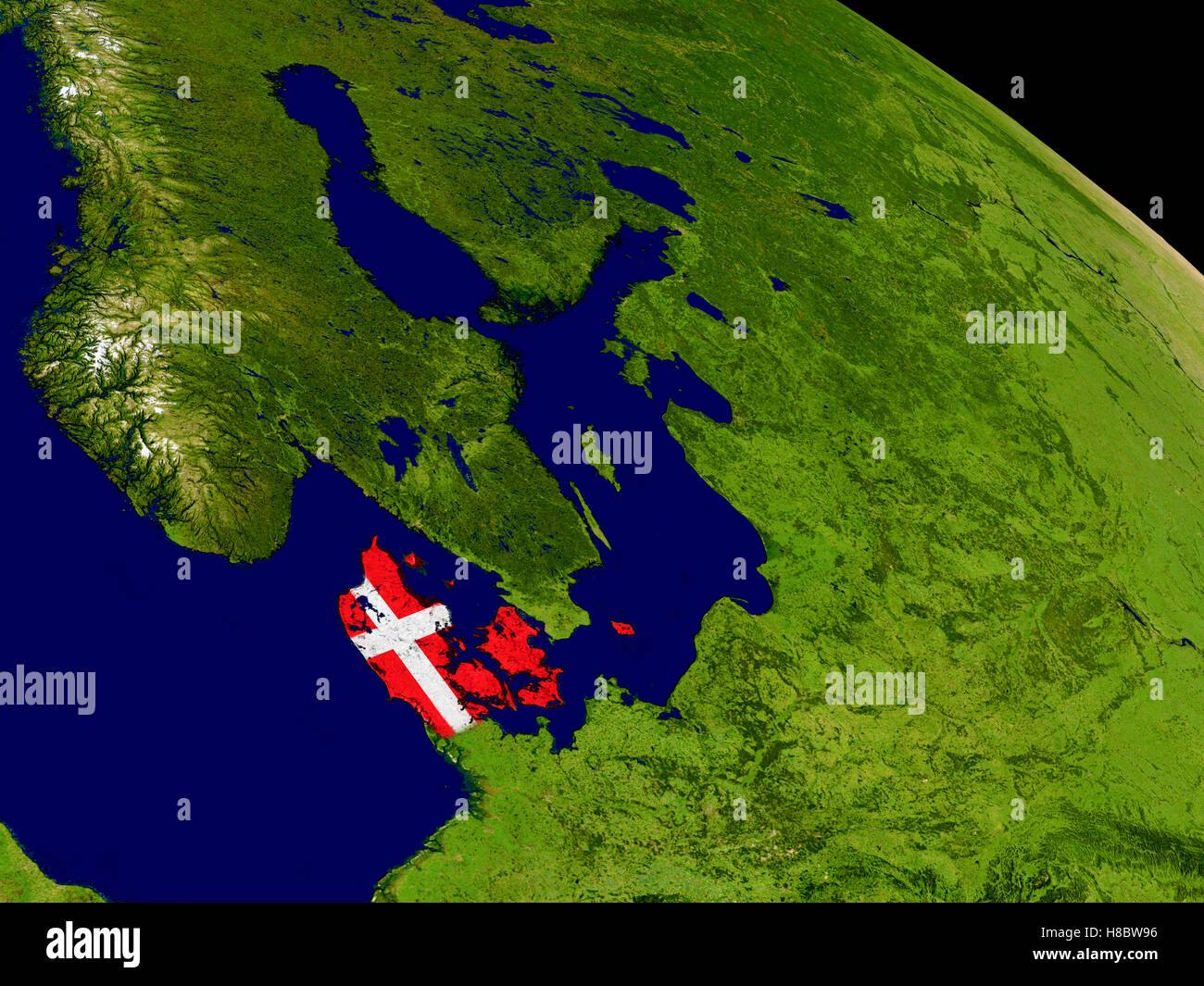 Map of Denmark with embedded flag on planet surface. 3D illustration ...
