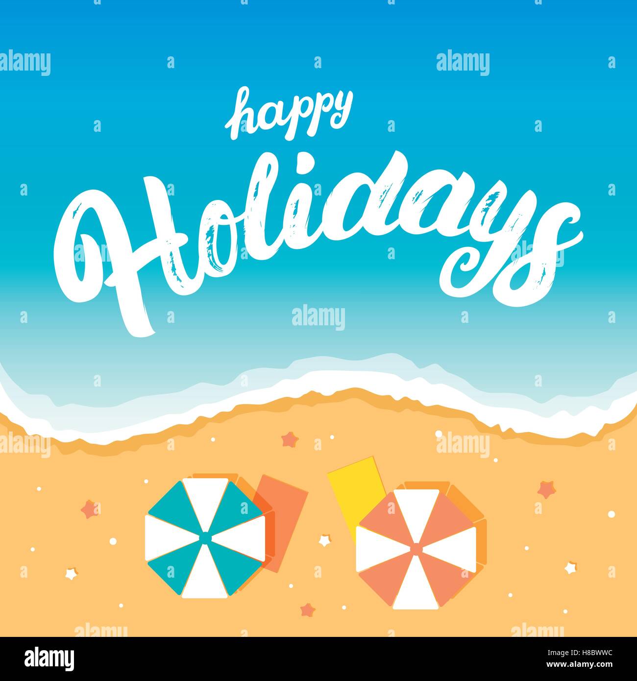 Happy holidays hand written lettering on beach background Brush