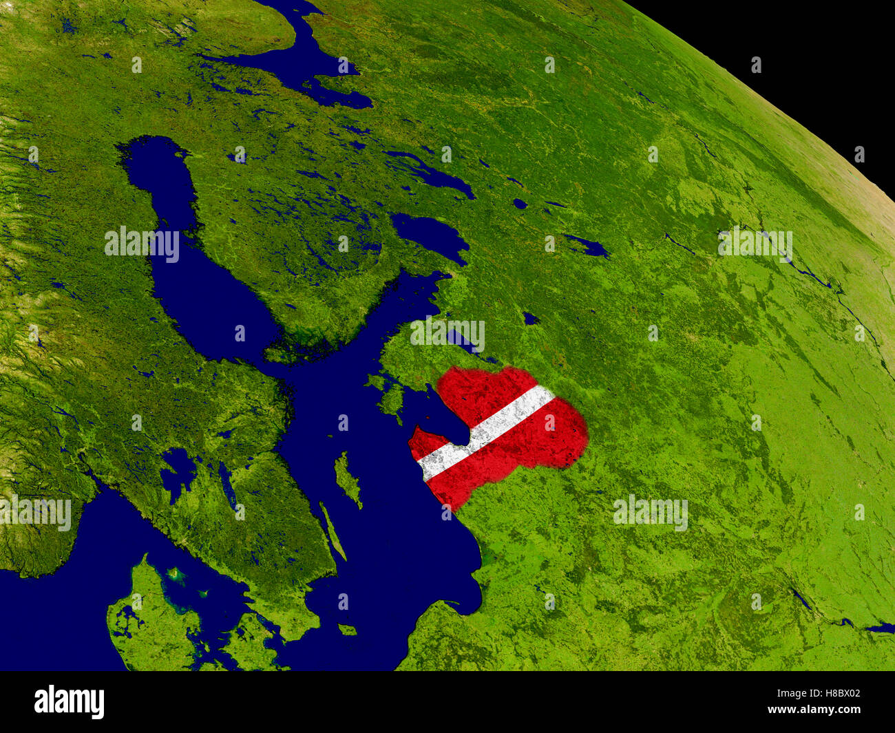 Map of Latvia with embedded flag on planet surface. 3D illustration ...