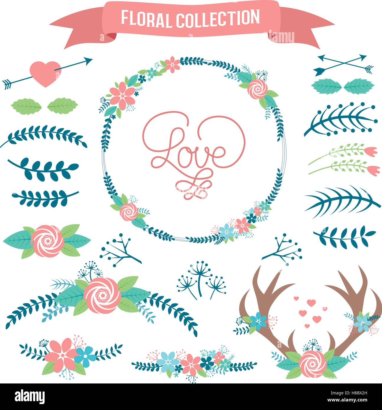 Floral Collection. Set of cute retro flowers and branches arranged un a ...