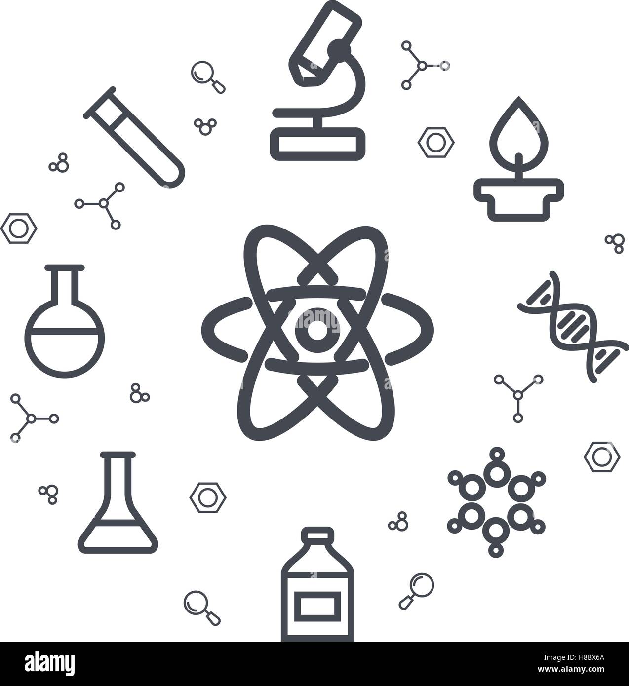Science line icons. Chemical icons. Circle background. Minimal icons of  molecule, tube, flask, benzene and other chemical elemen Stock Vector Image  & Art - Alamy