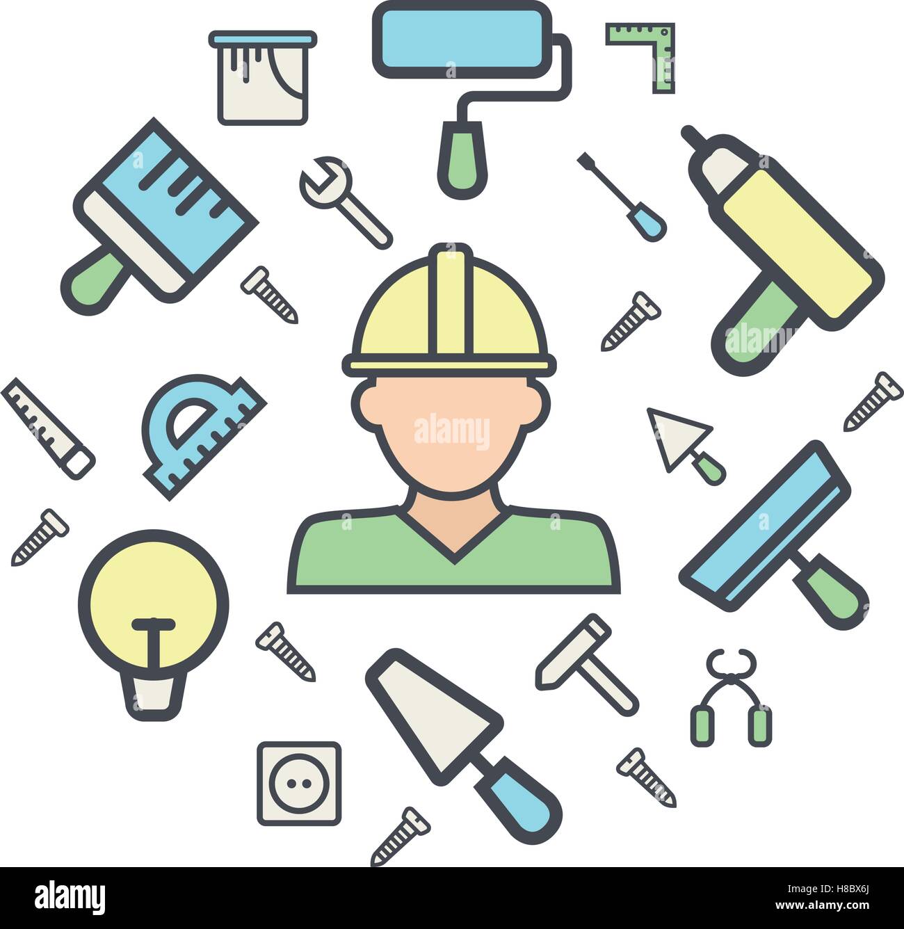 House remodel vector banner. Circle white background. Flat icons of ...