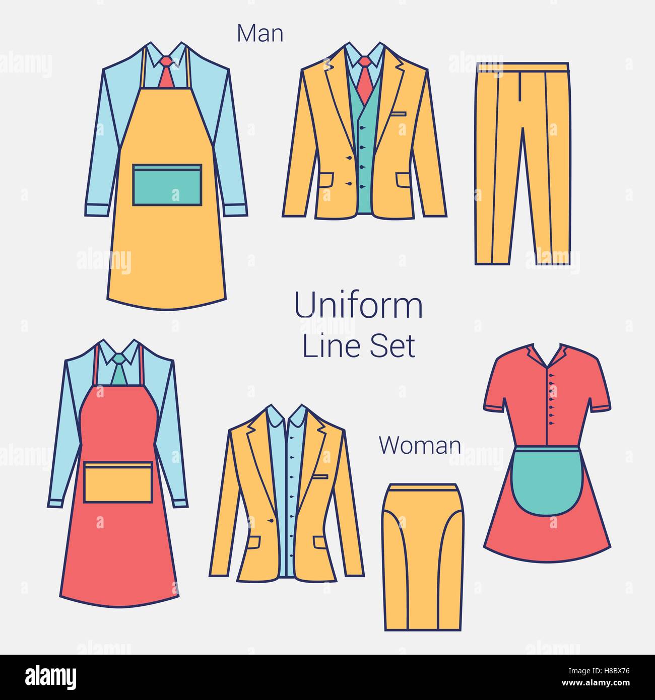 The Outfits for the Professional Business Women and Men.  Formal wear for women and men. Uniform: apron, jacket, pants, skirt, m Stock Vector