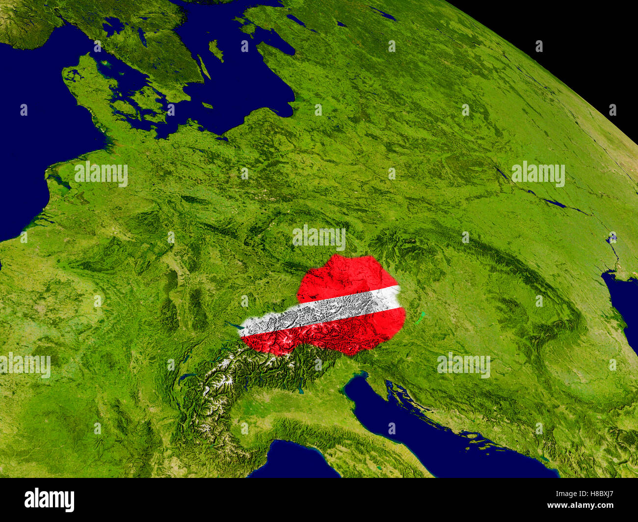 Map of Austria with embedded flag on planet surface. 3D illustration ...