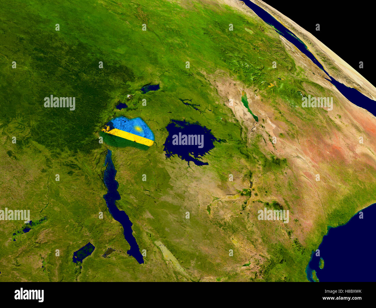 Map of Rwanda with embedded flag on planet surface. 3D illustration ...