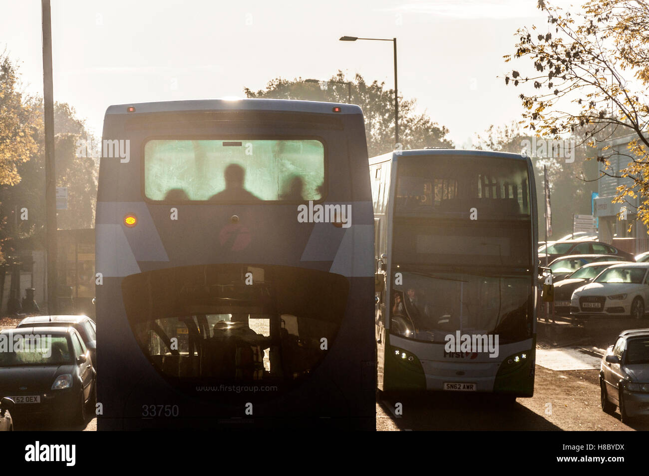 Early morning Firstgroup buses in Bath, Somerset, England, Uk Stock Photo