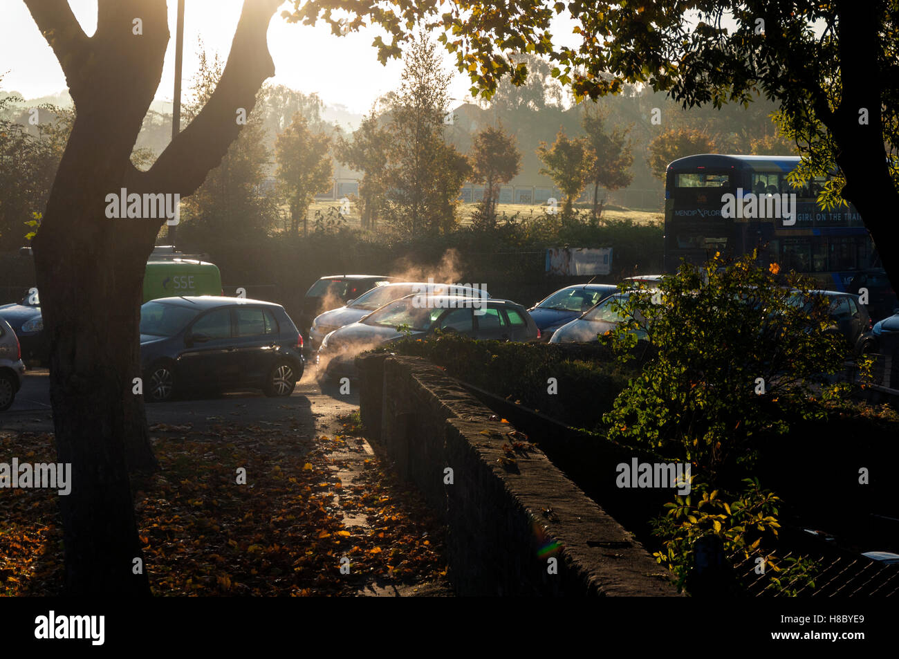 Morning rush hour traffic exhaust fumes south Bristol, England, UK Stock Photo