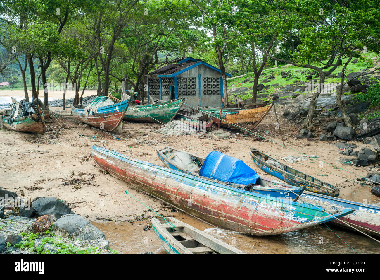 Fishing Boats pulled up on Kent Beach in Freetown Stock Photo