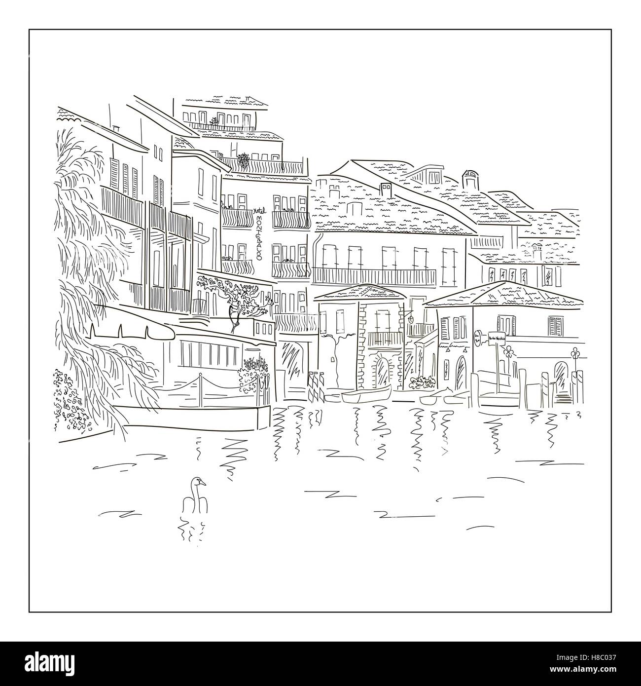 Old europian town on the lake. Hand drawn sketch. Stock Vector