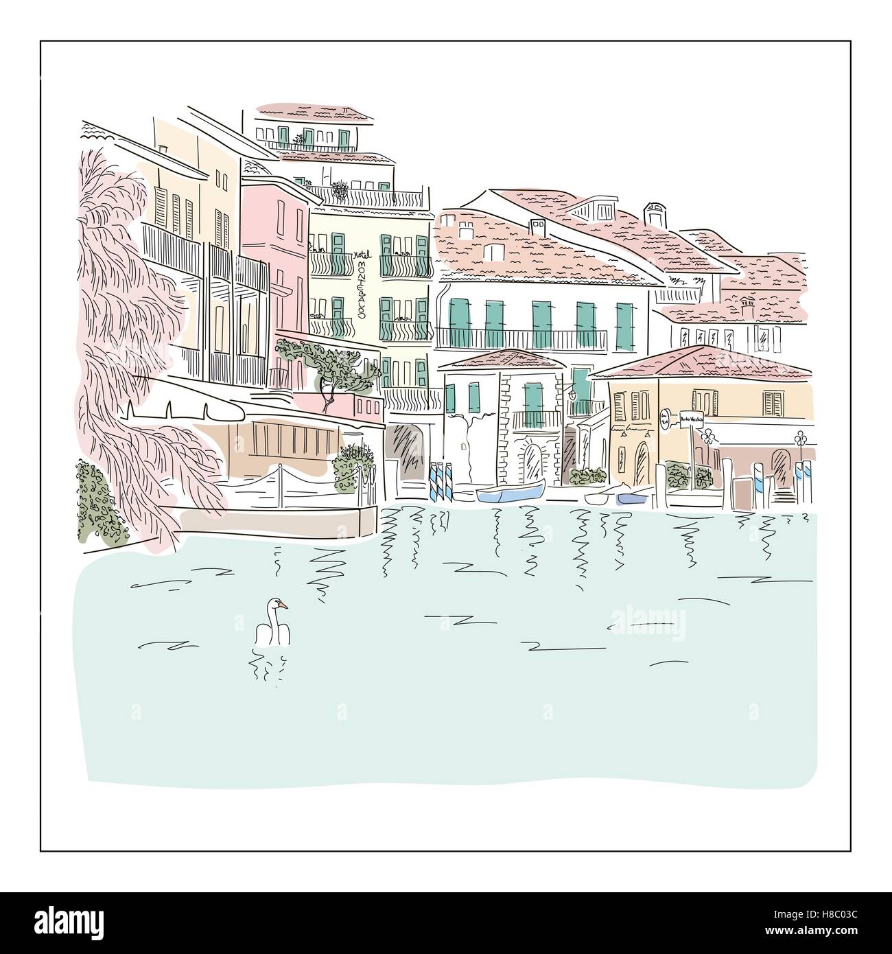Old europian town on the lake. Hand drawn sketch Stock Vector