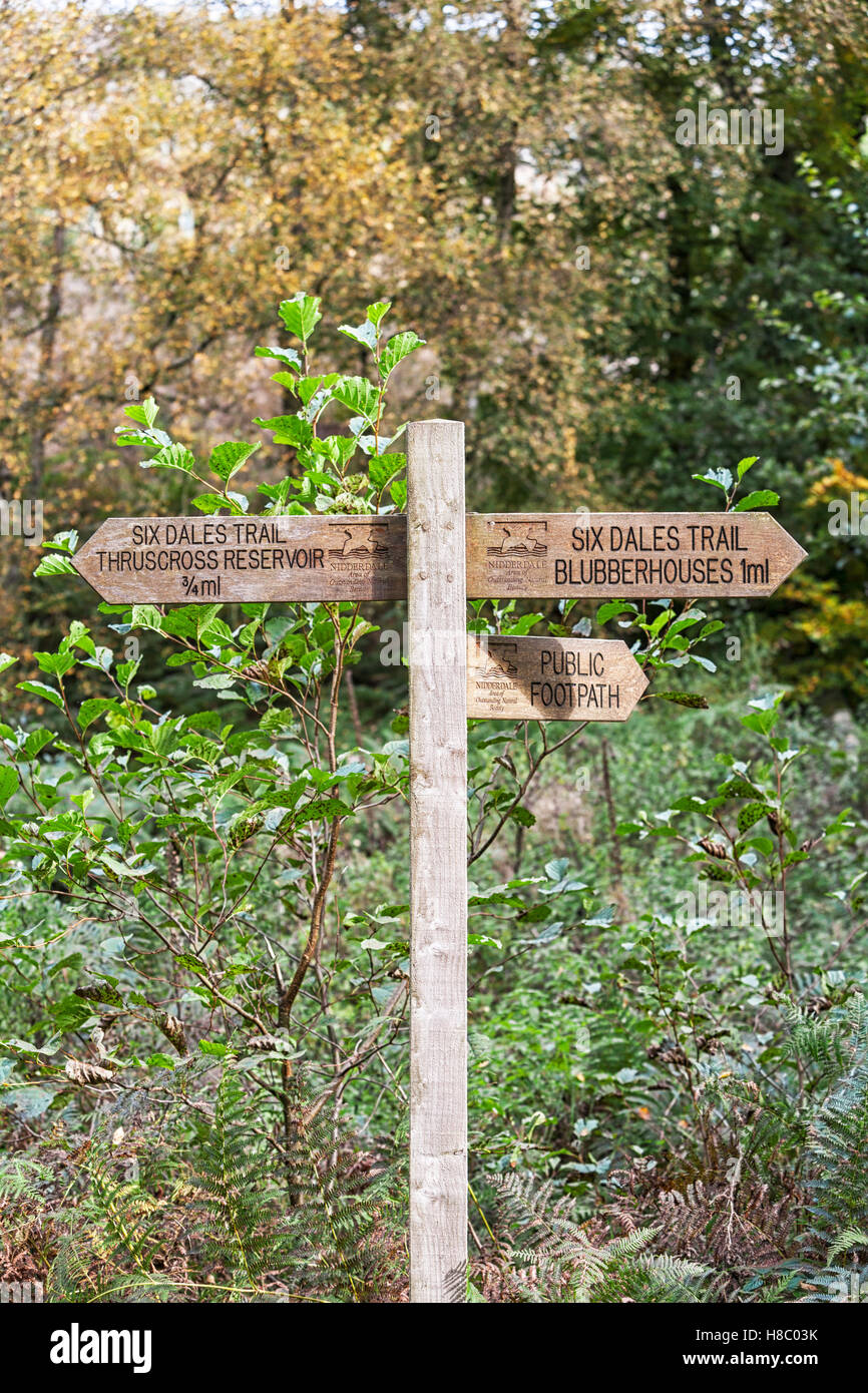Nidderdale Six Dales Trail direction signpost. Stock Photo