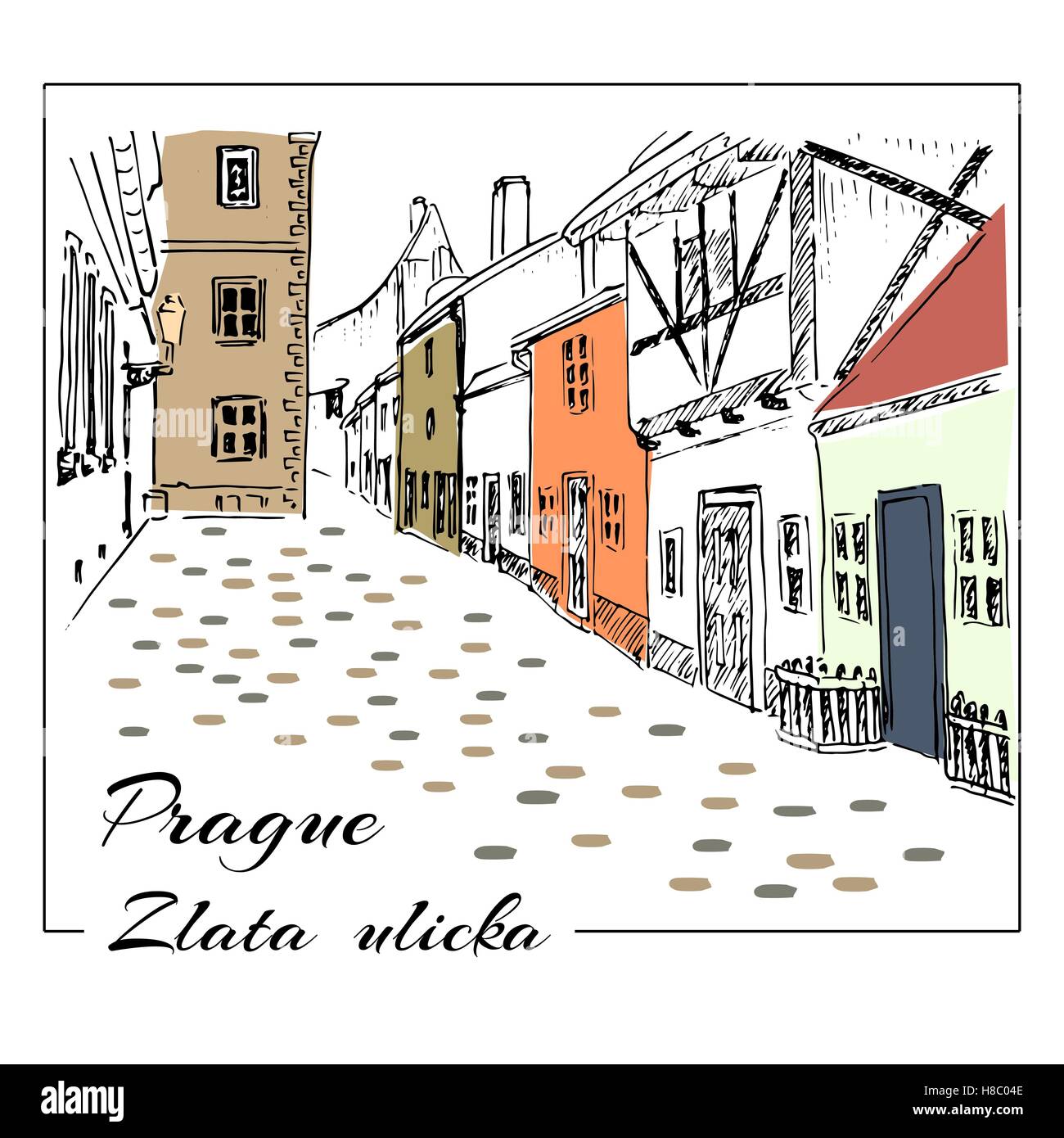 Prague. Colored hand drawn sketch illustration. Zlata ulicka - Golden street. Stock Vector