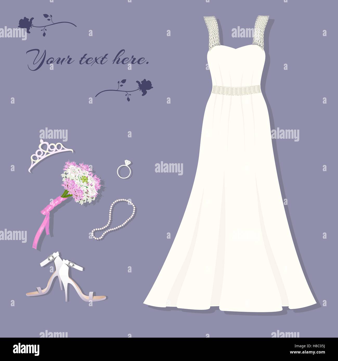 Bride's set. Wedding dress, tiara, ring, shoes, bouquet, necklace Stock