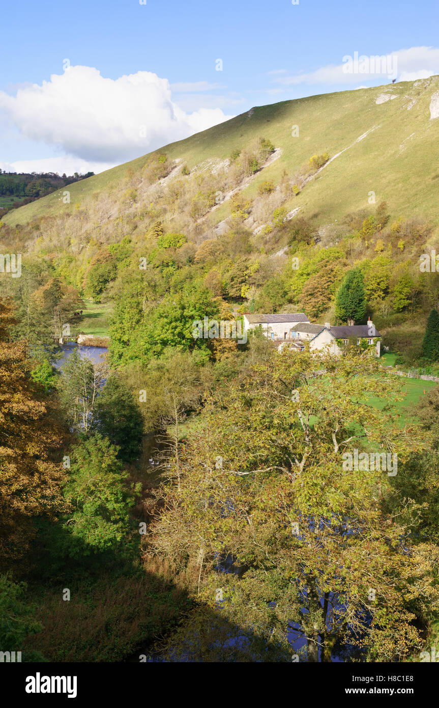 Upperdale farm from Monsal Head with bridge over the river Wye