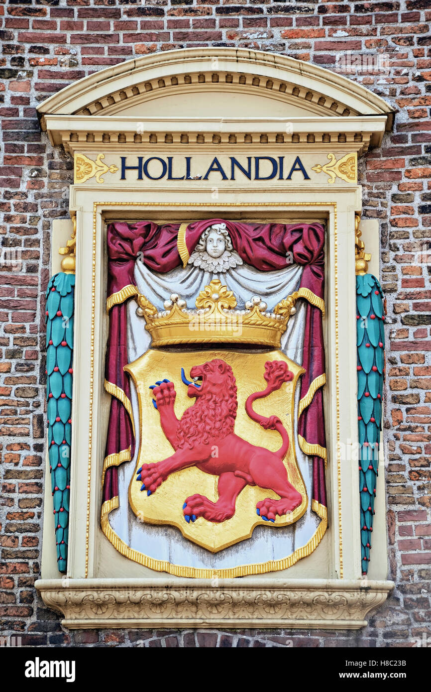 Coat of Arms of Hollandia, South Holland on the wall in historical center of Hague Stock Photo