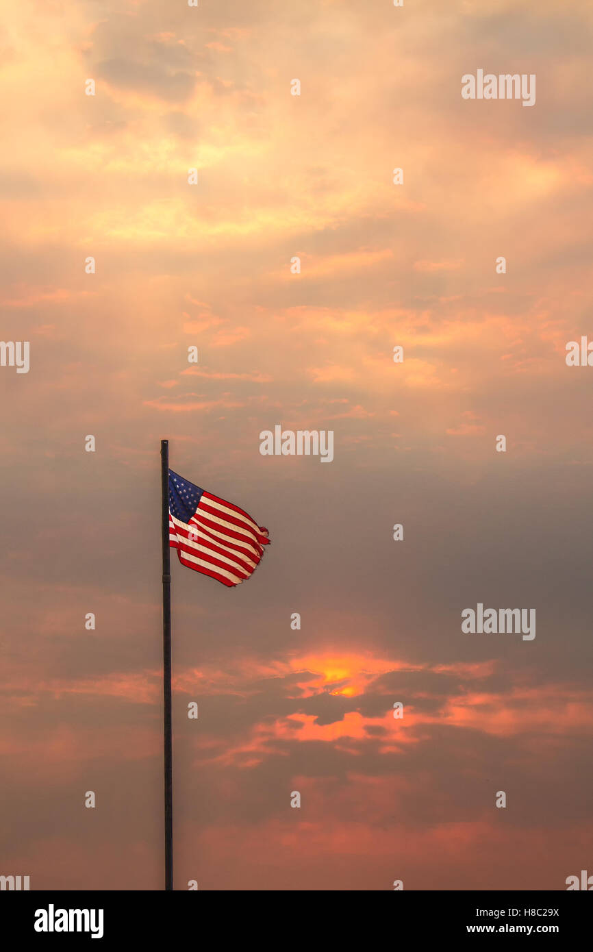 American flag glowing in the morning sunrise Stock Photo
