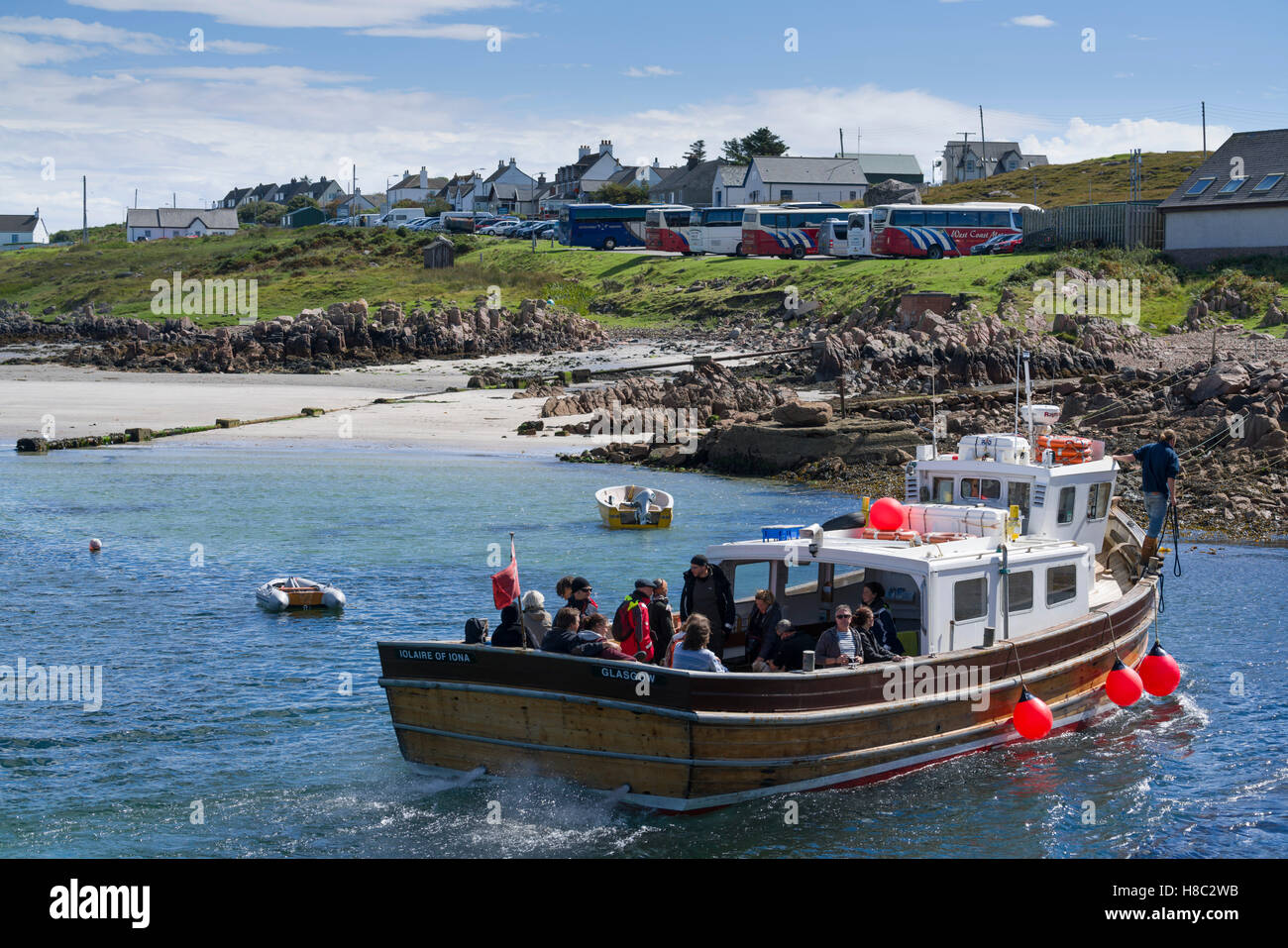 Fionnphort, Mull, the small ferry landing for travel to Iona. Boat trip to Staffa returning. Stock Photo