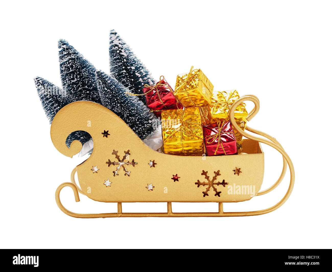 Full sleigh of Santa Claus with gifts of gold color isolated Stock ...