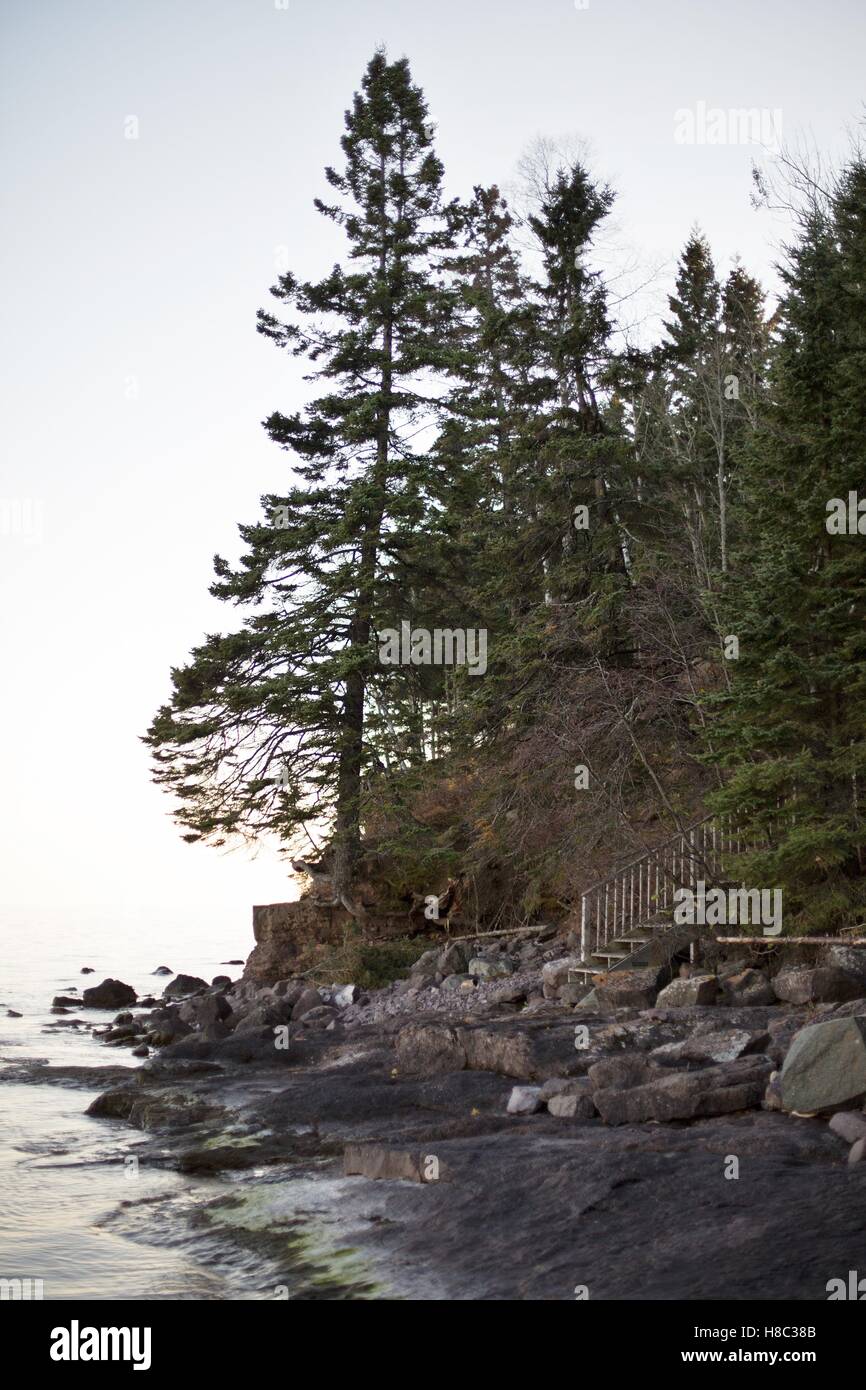 A stairway on the shore of lake Superior near Two Harbors, Minnesota