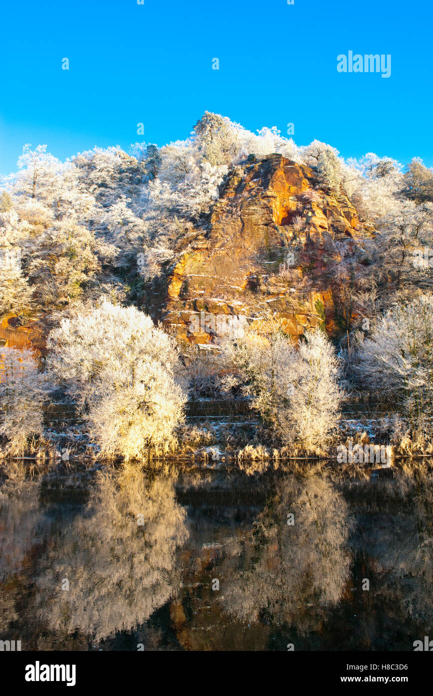 Winter hoar frost covers trees on High Rock beside the River Severn at Bridgnorth, Shropshire, England, UK Stock Photo