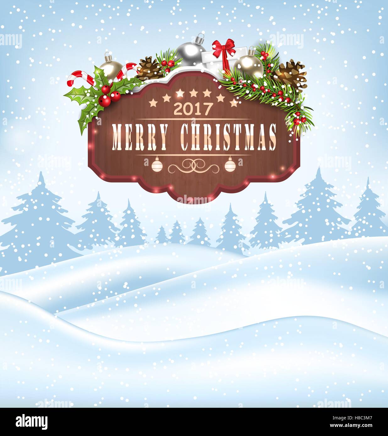 Illustration Winter Landscape with Wooden Sign and Decoration, Happy ...