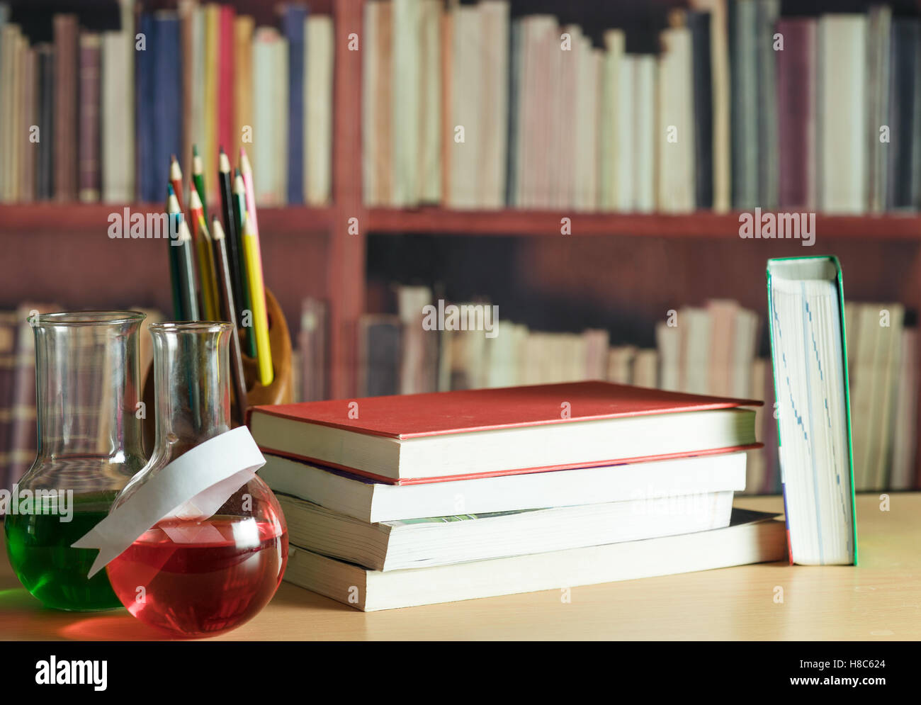 Still life with books, pencils, tablet Stock Photo