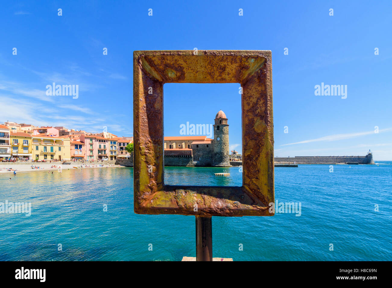 Collioure framed bell tower of the Church of Notre Dame des Anges, Collioure, Côte Vermeille, France Stock Photo