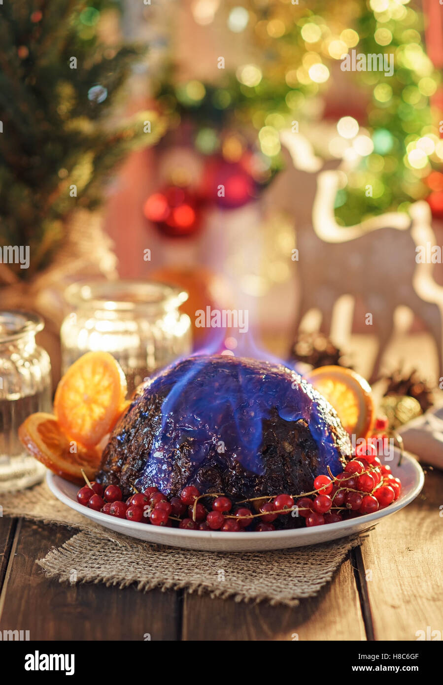 Christmas pudding flambe Stock Photo