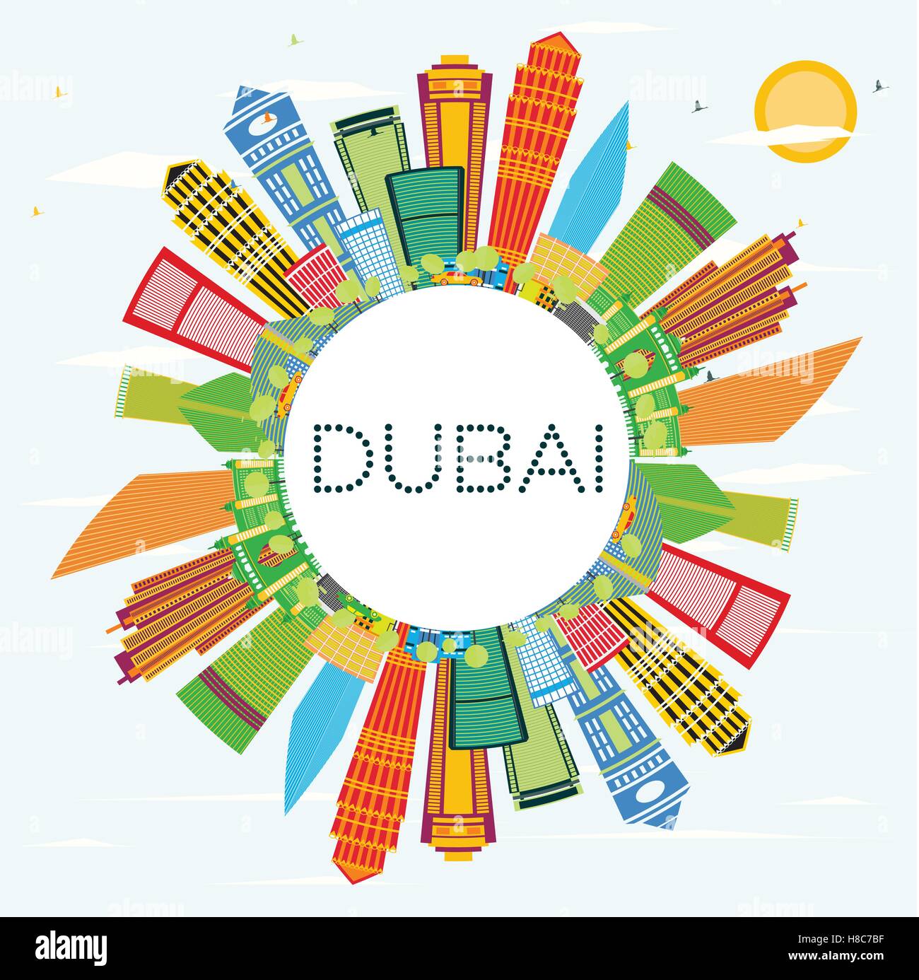 Dubai Skyline with Color Buildings, Blue Sky and Copy Space. Vector Illustration. Business Travel and Tourism Concept Stock Vector