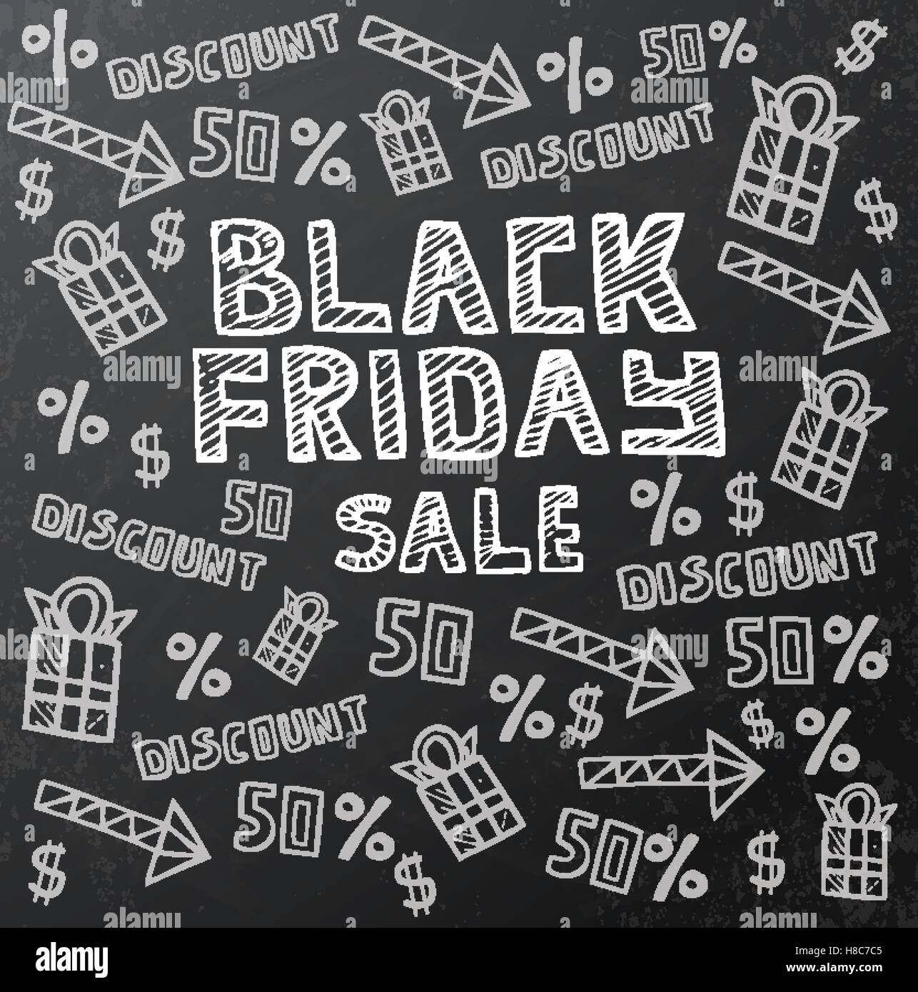Black Friday Sale Background on Dark Chalkboard. Vector Illustration. Marketing Banner with Gift Box, Arrows and Dollar Sign. Stock Vector