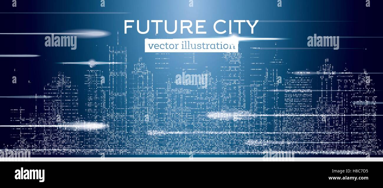 Big city with neon skyscrapers and flash. Vector illustration. Business travel and tourism concept with halftone buildings. Stock Vector