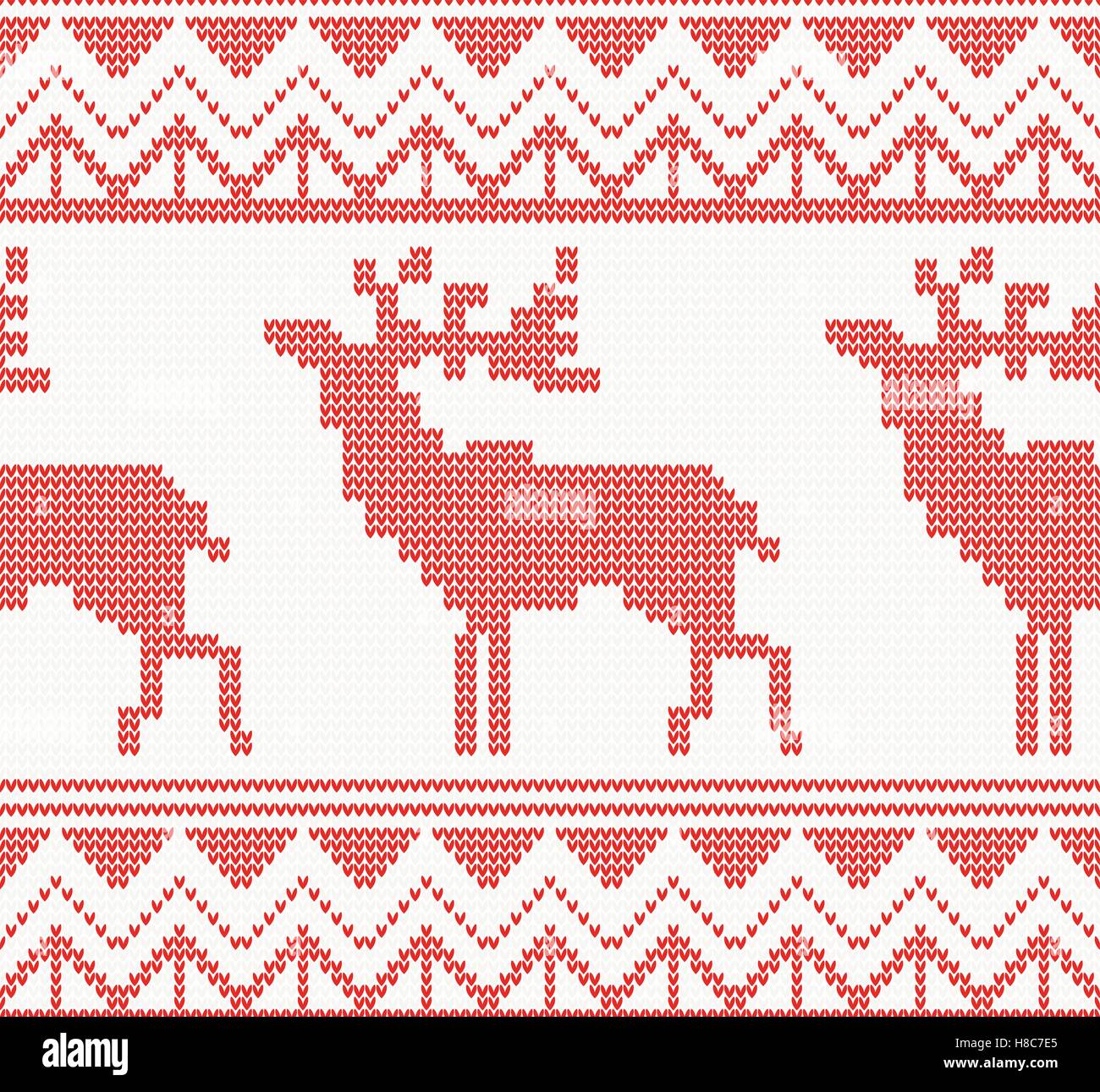 Knitted Deer Seamless Pattern in Red Color. Vector Illustration. Christmas concept for banner, placard, billboard or web site. Stock Vector