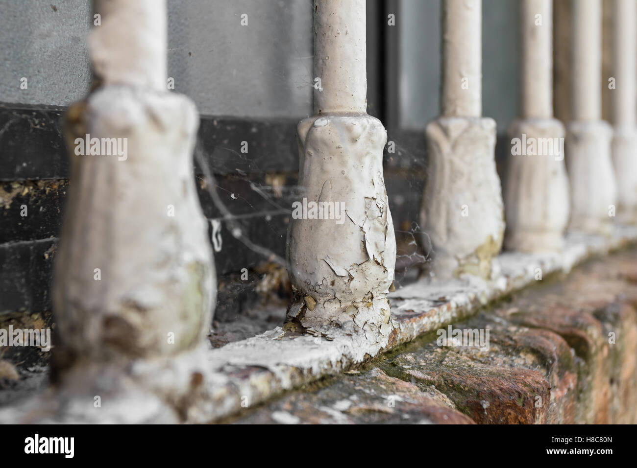 Closeup of old window bars with peeling paint, dirt and cobwebs. Stock Photo