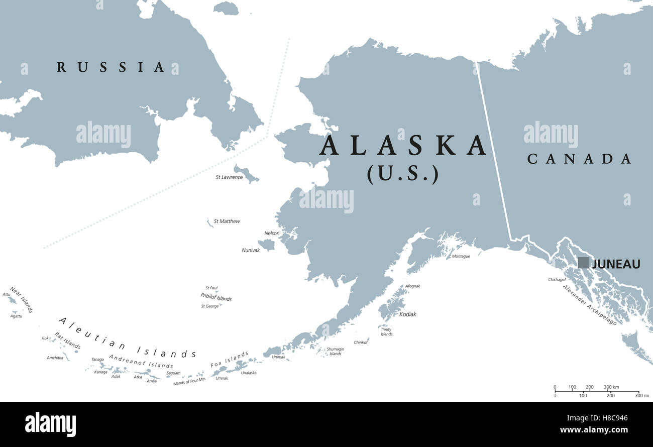 Alaska political map with capital Juneau. U.S. state in the northwest of the Americas with international borders and neighbors. Stock Photo
