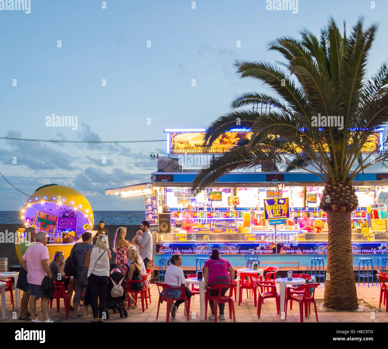 Food stall on beach during Womad festival at Gran Tarajal on Fuerteventura, Canary Islands, Spain Stock Photo