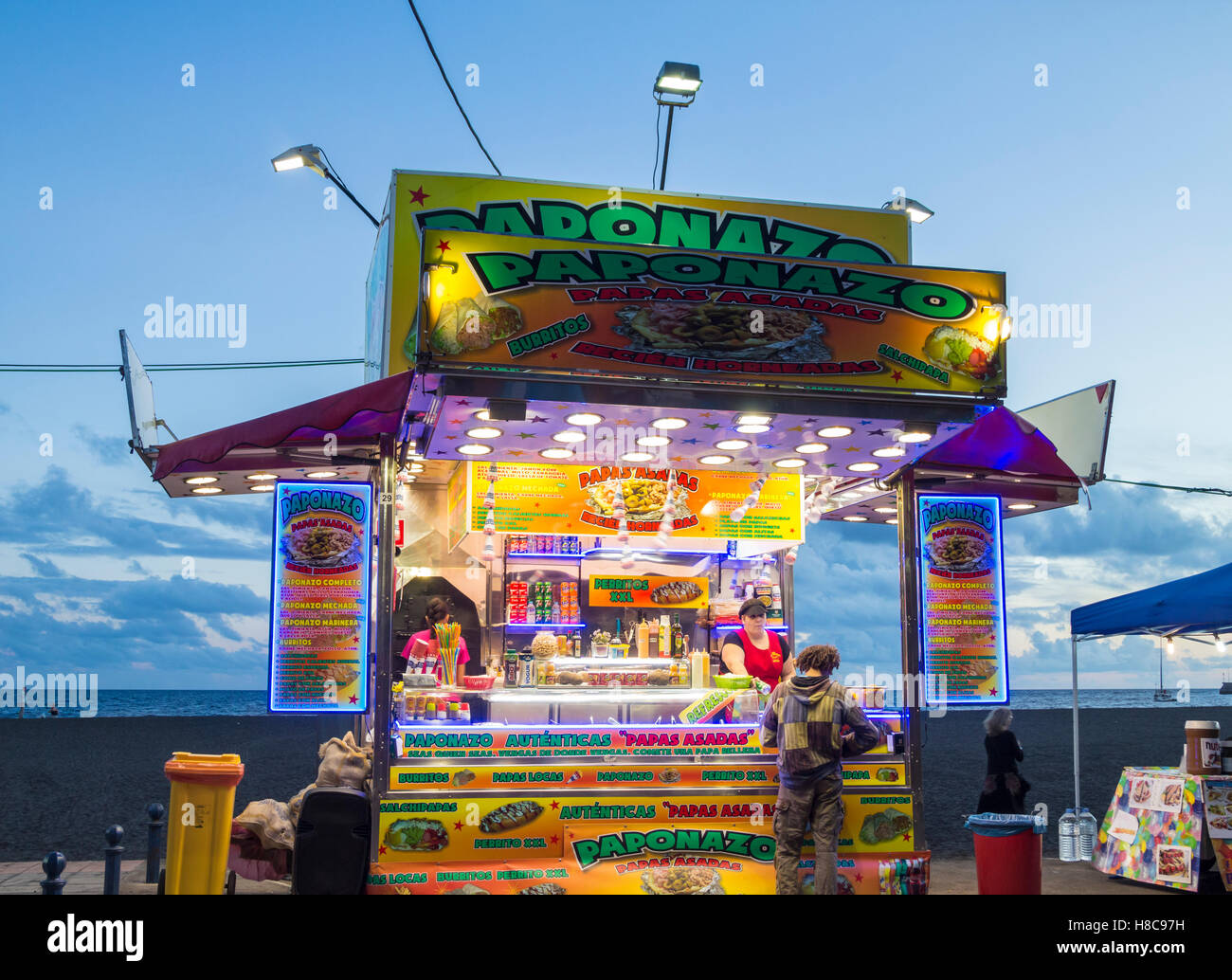 Food stall on beach during Womad festival at Gran Tarajal on Fuerteventura, Canary Islands, Spain Stock Photo