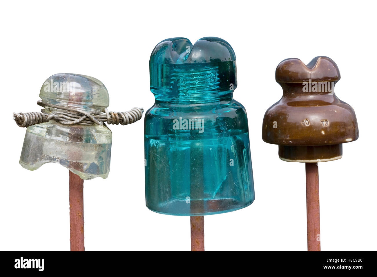 Old glass and ceramic insulators of electric current for rural wire