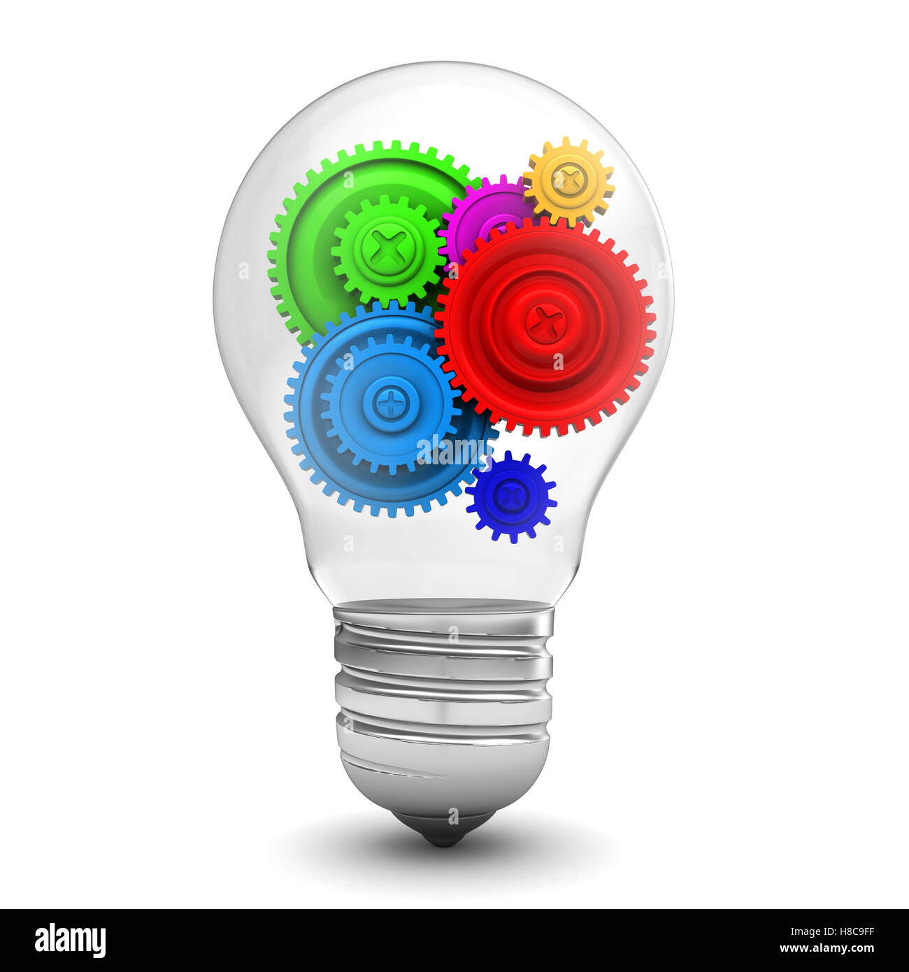 3d illustration of light bulb with colorful gear wheels inside Stock Photo
