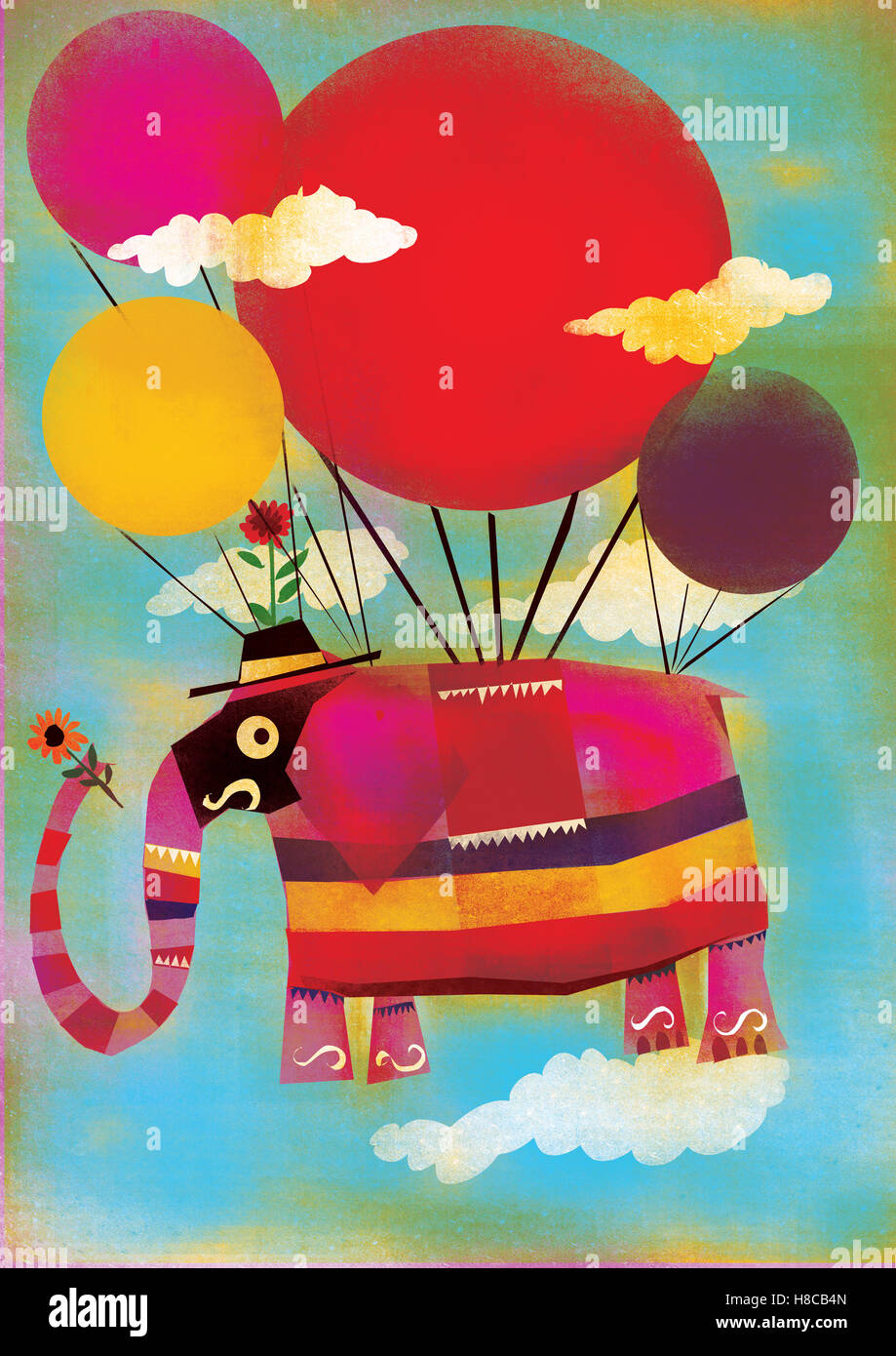 Elephant flying on balloons Stock Photo